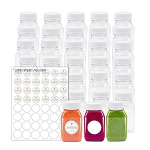 Empty PET Plastic Juice Bottles - Pack of 35 Reusable Clear Disposable Milk Bulk Containers with Labels and Tamper Evident Caps (4 OZ, White)