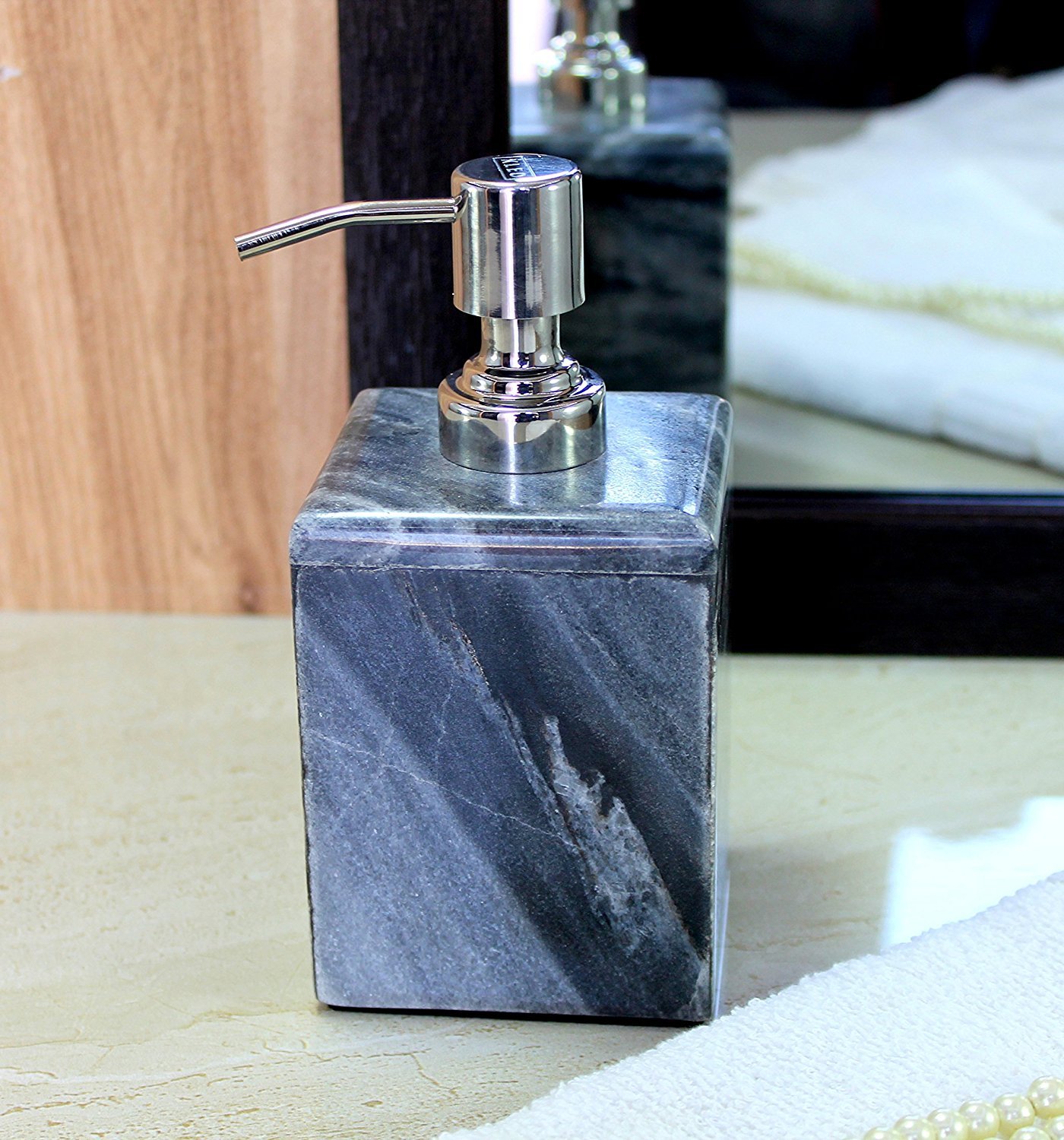 KLEO Soap/Lotion Dispenser - Made of Natural Stone in Brown Green Black White Color - Bathroom Accessories Bath Set - Grey