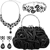 4 Pcs Flower Clutch Rhinestone Jewelry Set Rose Clutch Handbags with Detachable Strap Detachable Necklace Earrings Bracelets for Wedding Party Prom Valentine Gift