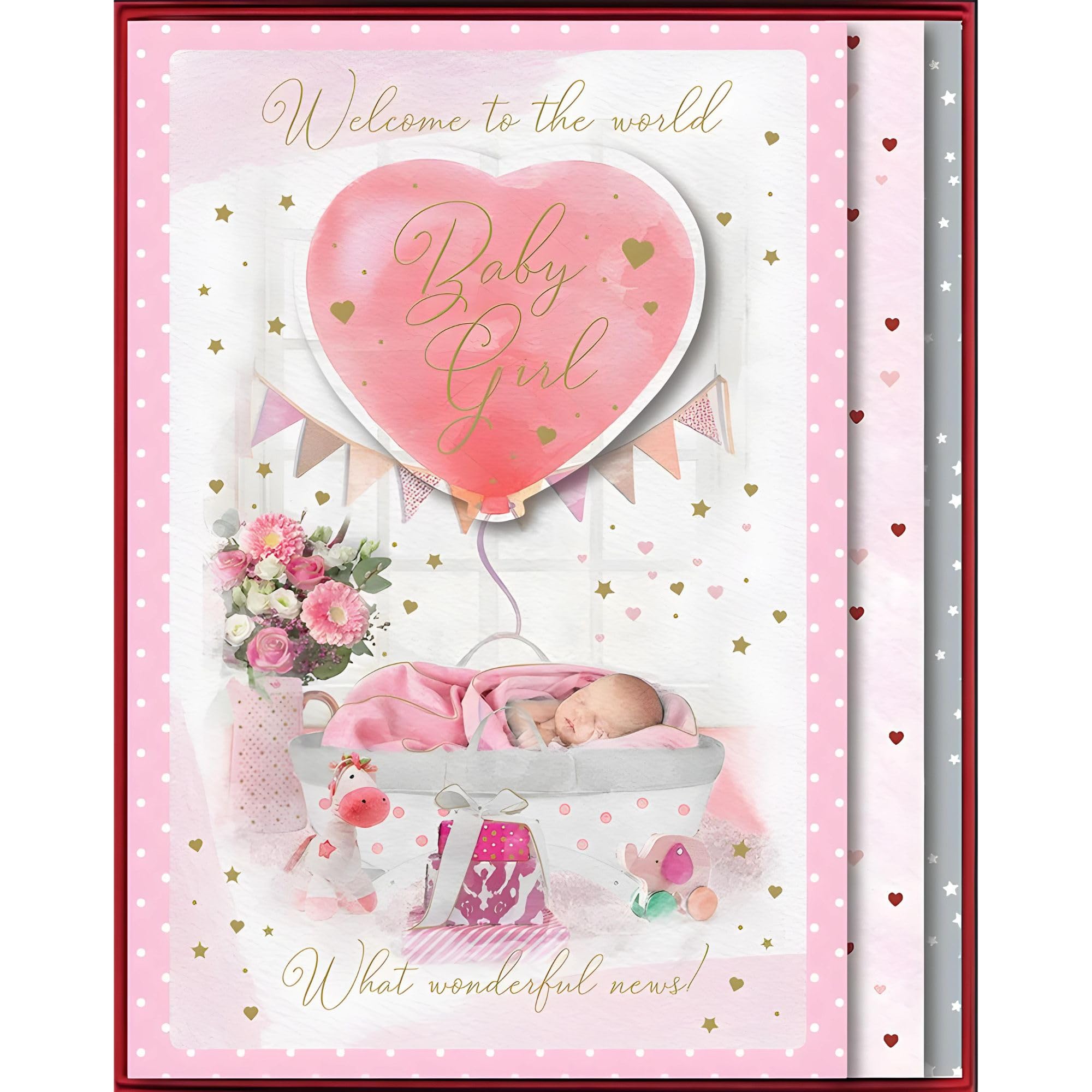 New Baby Girl Handfinished Boxed Large Congratulations Card - Welcome to the World - Baby and Love Heart Balloon - Special Finishes, Embellishments and Illustrated Insert Leaf - Made in the UK