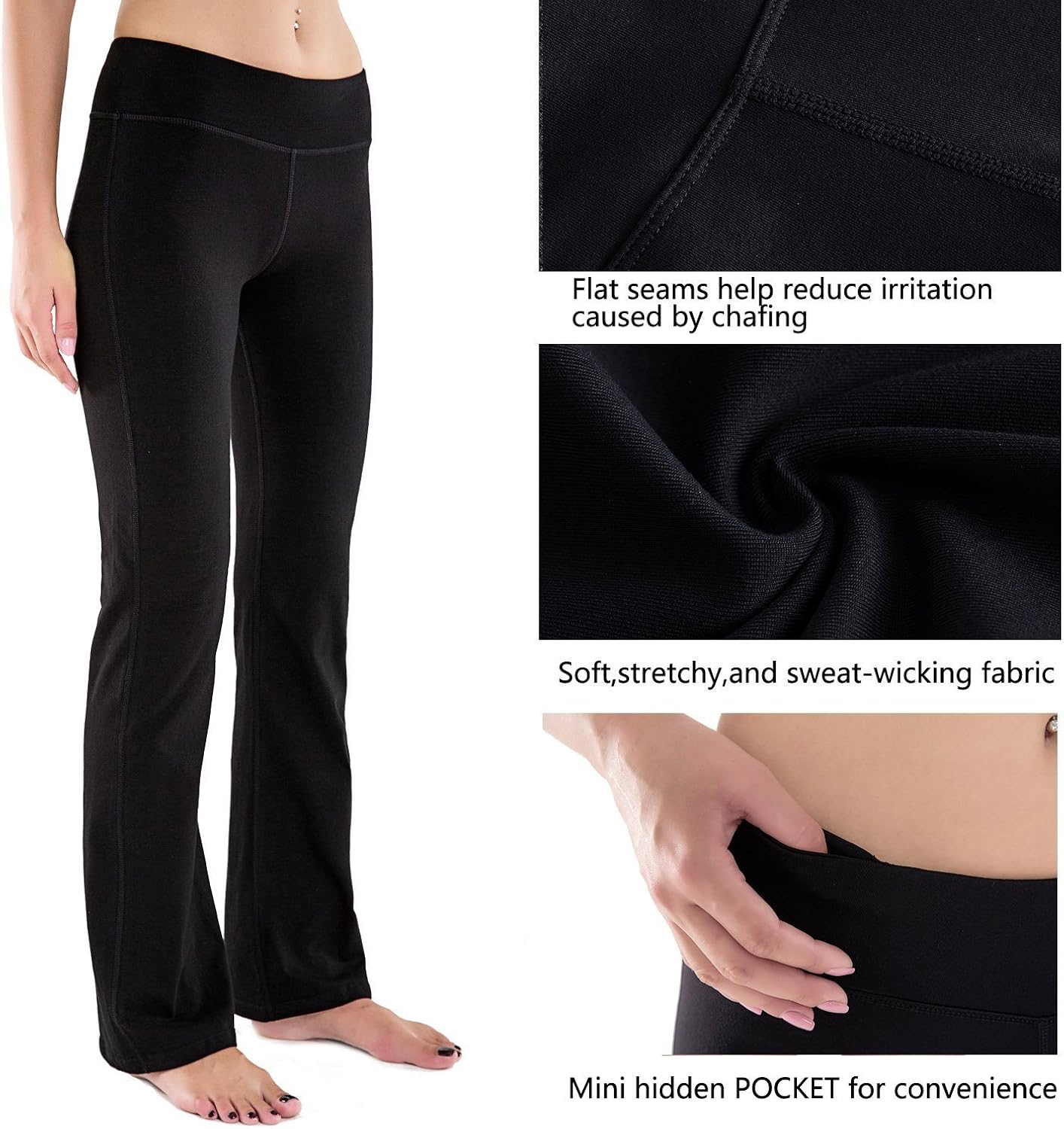Houmous S-XXL Petite/Regular/Tall Length, Women's Yoga Bootleg Pants Inner Hidden Pocket Workout Pants: Clothing