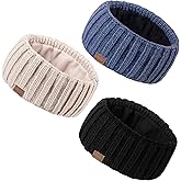 MUTKIS Winter Headbands for Women 3 Pack, Ear Warmers for Women Headband Wool Knit Thick Fleece Lined, Cold Weather Warm Ear Muffs(Black&Beige&Denim)