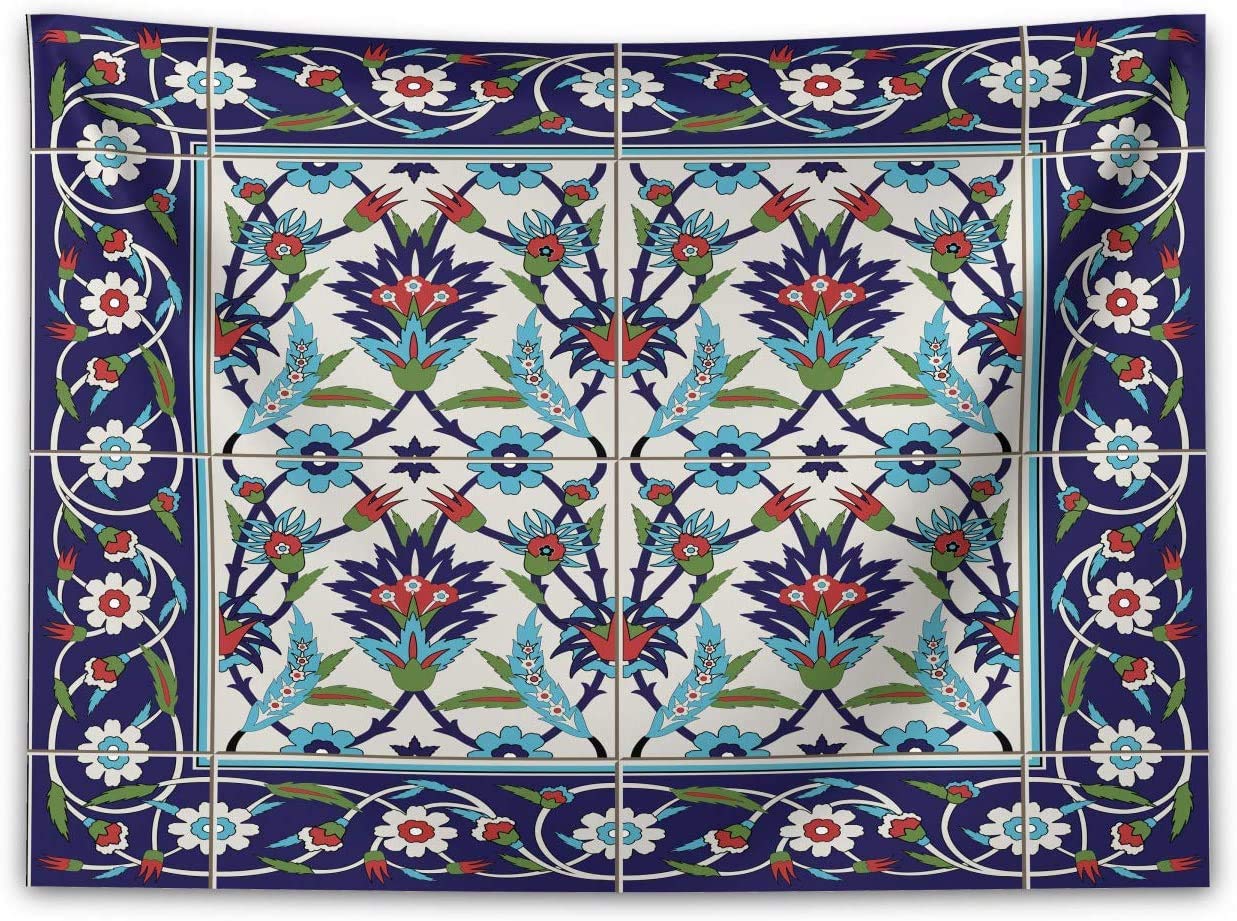 ABAKUHAUS Turkish Pattern Tapestry, Mosaic Tiles with Nature Inspired Ornaments Tulips and Daisies with Curls, Fabric Wall Hanging Decor for Bedroom Living Room Dorm, 58 W X 43 L, Red Blue