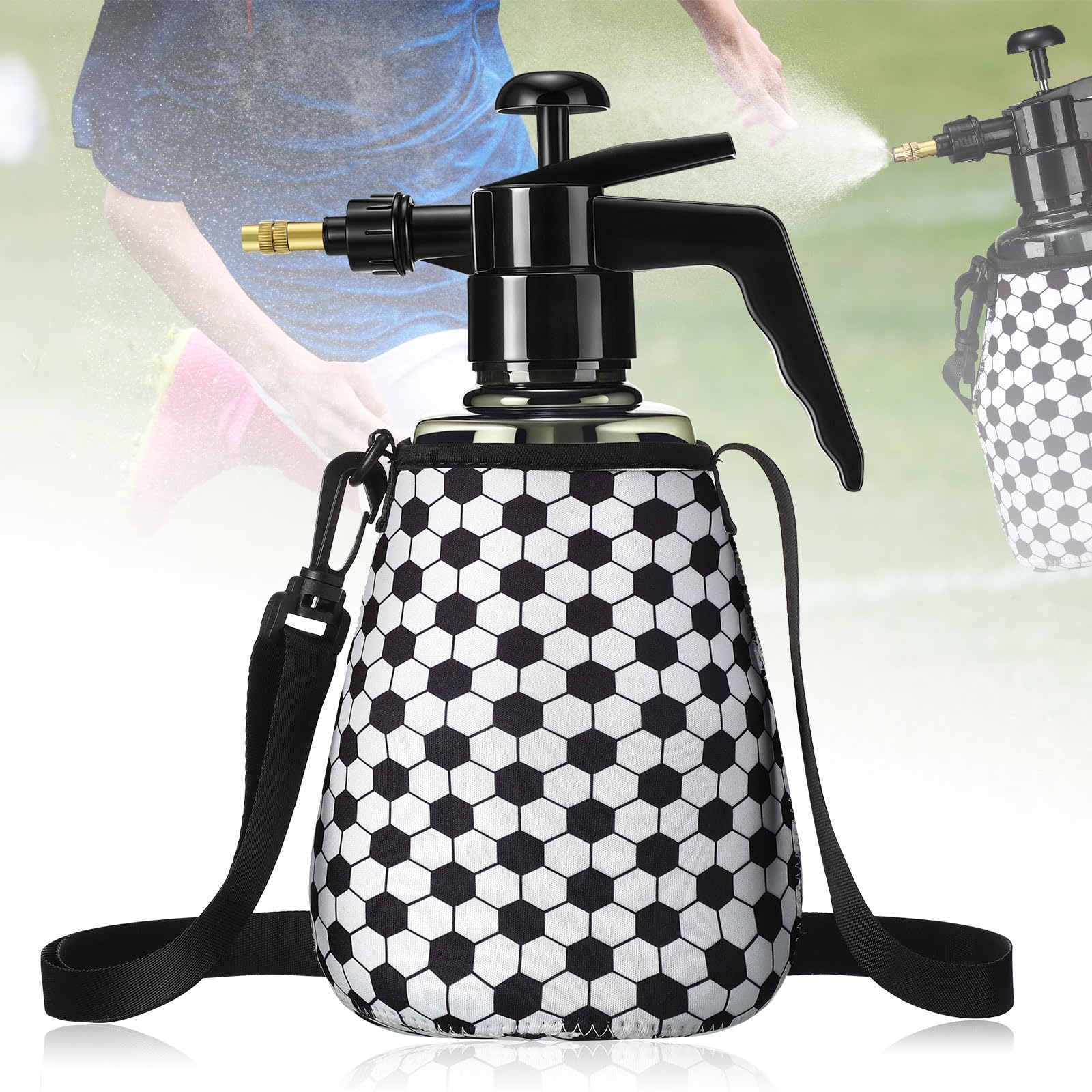 Photo 1 of Hushee 1 Pcs 1.5 Liter Water Mister for Sports Personal Water Pump with Full Neoprene Jacket and Built in Carrying Strap, Manual Sprayer Lawn Pressure Pump Sprayer for Cooling Gym Garden (Football)