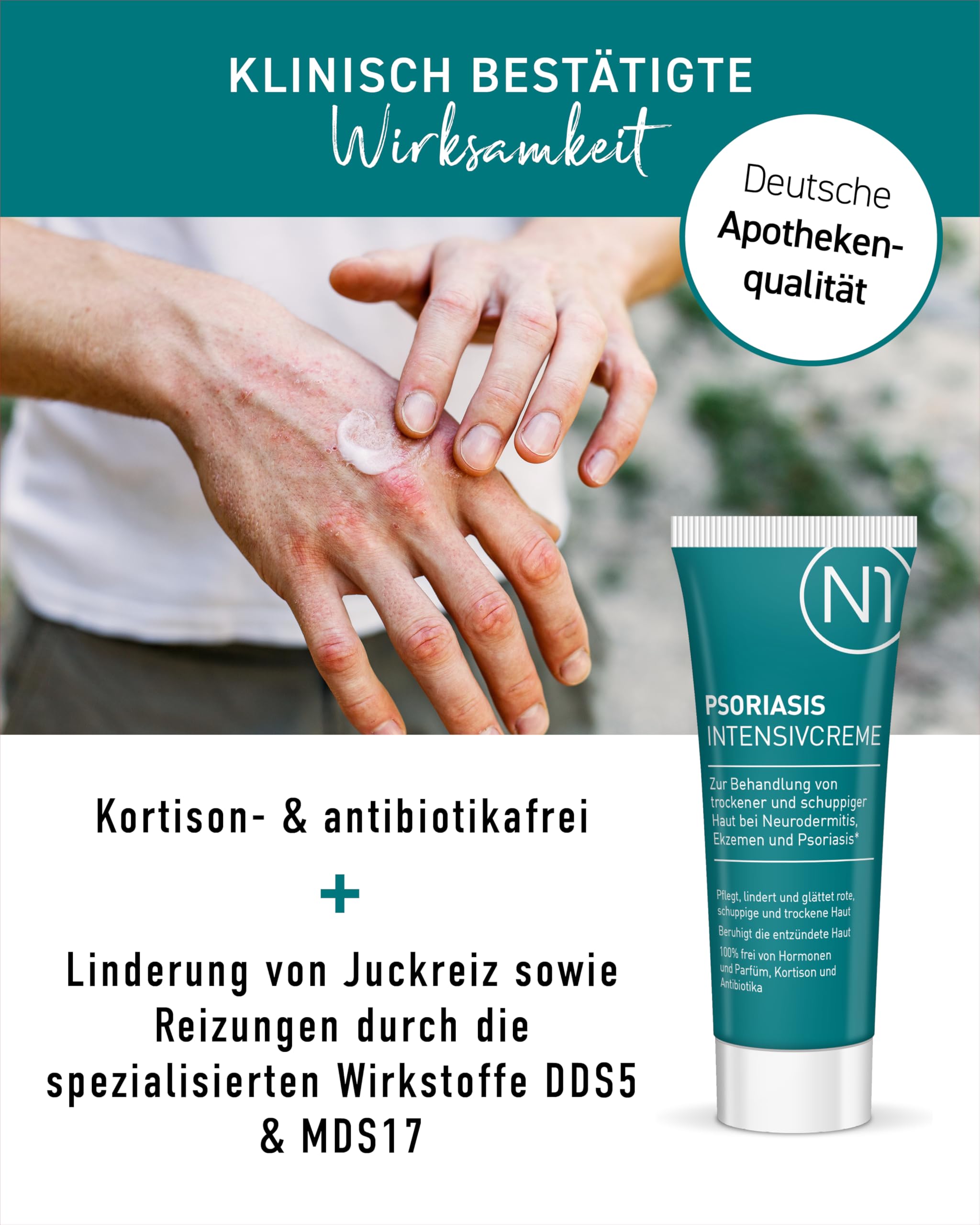 N1 Psoriasis Intensivcreme 50 ml - Schnelle Hilfe gegen starken Juckreiz - Effektiv gegen Schuppenflechte, Neurodermitis & Ekzeme - Beruhigt und lindert rote, schuppige, entzündete & trockene Haut 2