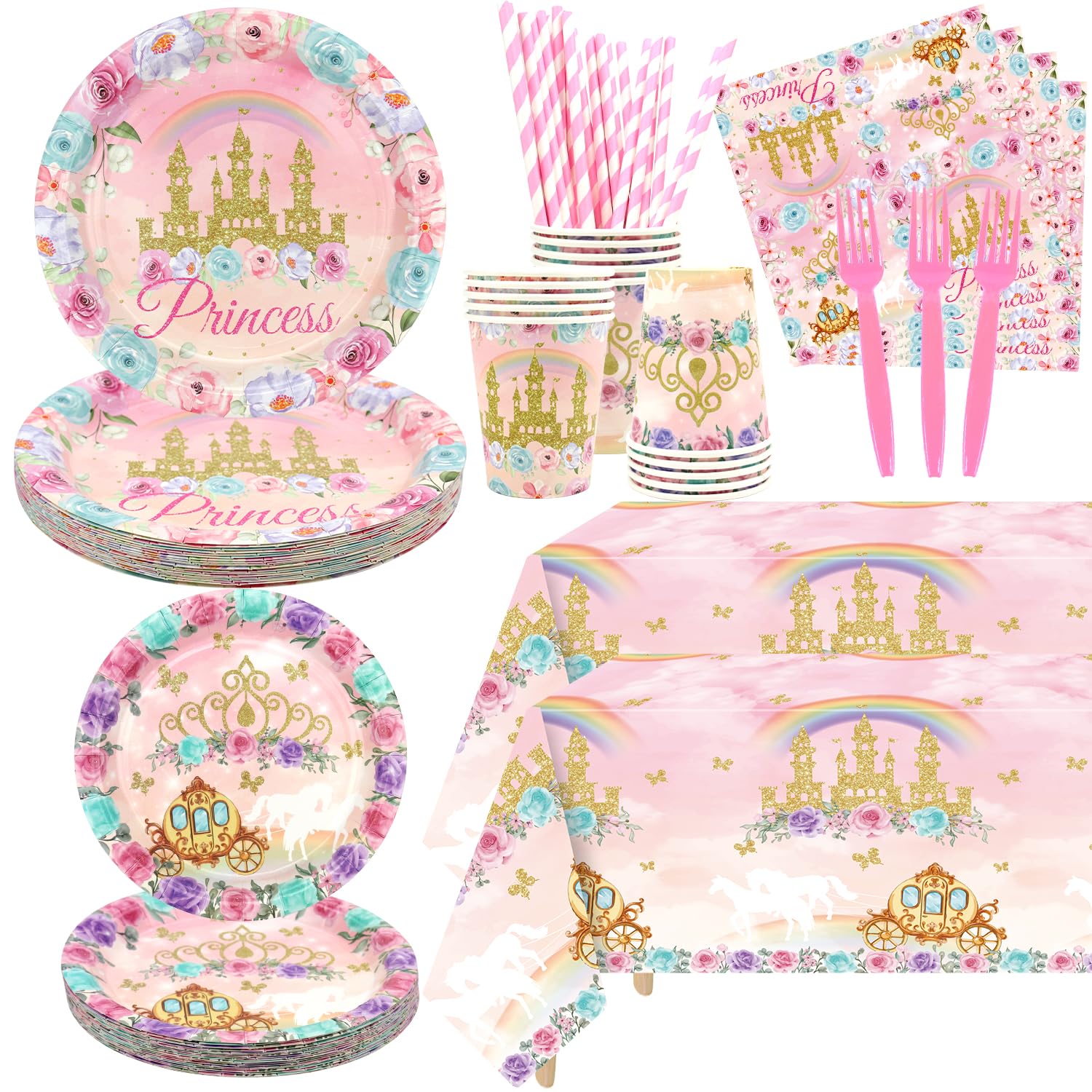 Photo 1 of Princess Birthday Party Decorations Serves 20 Guests, Including Dinner Plates, Dessert Plates, Cups, Napkins, Forks, Tablecloth, Straws, for Girls Princess Birthday Baby Shower Party Decorations