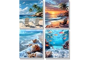 TOSTOG Seascapes 4 Pack Framed Canvas Painting by Numbers Art Kit for Adults and Kids, Beginner Acrylic Painting Supplies wit