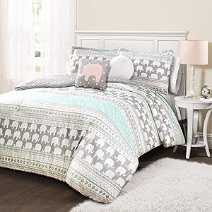 Lush Decor, Turquoise & Pink Elephant Stripe 4 Piece Comforter Set, Twin