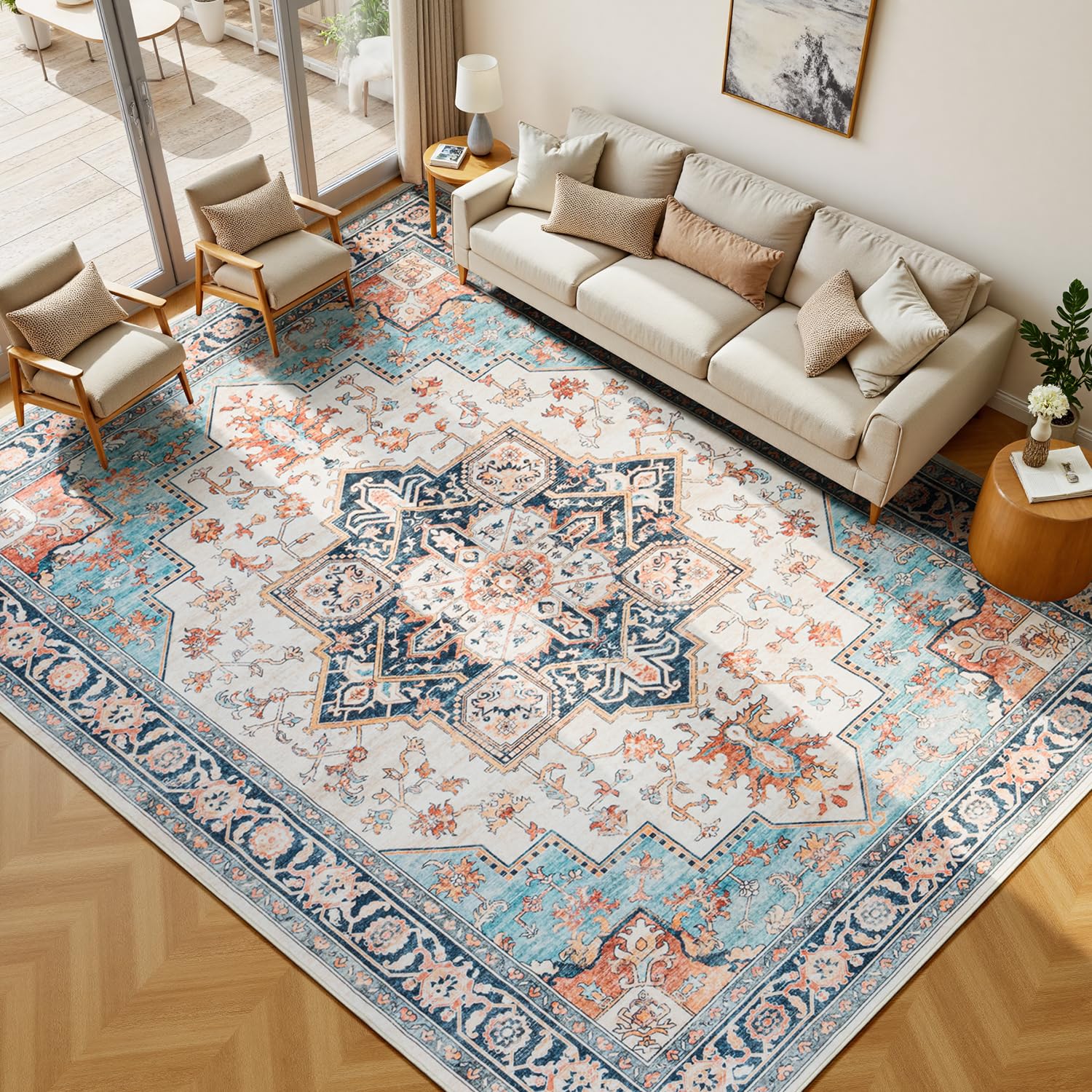 Lessymo 9×12 Area Rugs Washable for Living Room, Large Soft Indoor Rug Non-Slip for Bedroom Kitchen Dining Room Dorm Nursery, Vintage Boho Carpet Stain Resistant for Office Home Decor, Orange/Blue Image