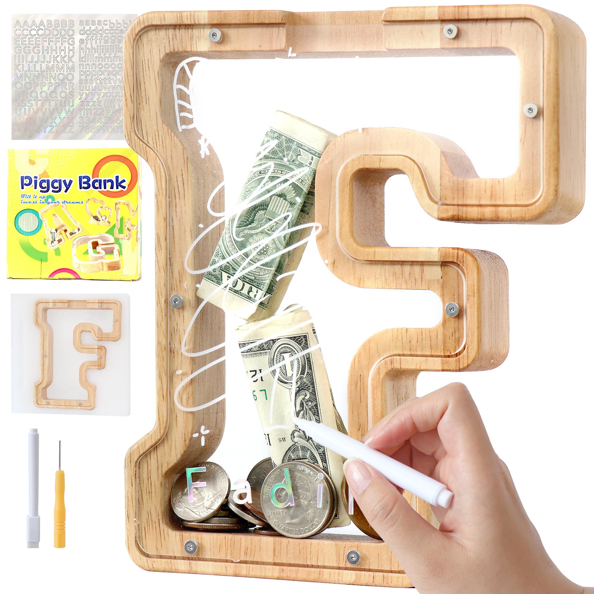 Mikytoper Letter Money Box for Kids Wooden Personalized A-Z Alphabet Piggy Bank Clear Money Bank Coin Bank for Gift Decoration Baptism (F)