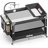 GAIVE 4 in 1 Baby Bassinet, One-Push Setup Pack and Play, Bedside Crib Sleeper with 3 Height Adjustable,Diaper Changer, Come with Comfy Mattress, Rotating Toy Bar, from Infants to Toddlers (Black)
