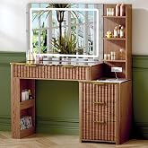 GRUTEUNIT 48" Vanity Desk with Power Outlet, Makeup Vanity with Mirror and Lights, 3 Lighting Modes, Vanity Table with Glass Top, 5 Drawers, and Leg Storage Shelf,Brown
