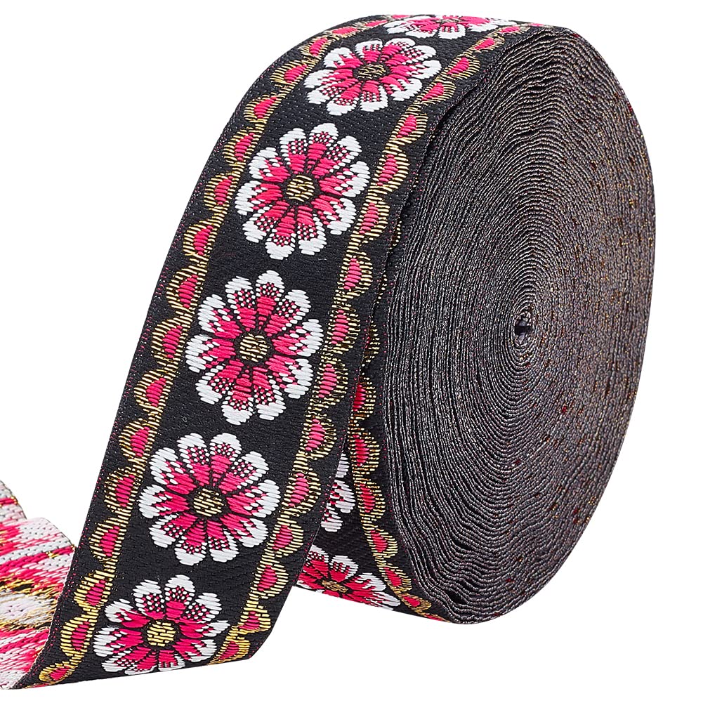 PandaHall 10 Yards Vintage Fabric Ribbon, 1.3 Inch Floral Embroidered Woven Trim Ethnic Jacquard Lace Trim for Clothing Sewing Embellishments DIY Craft Supplies Home Decor, Red