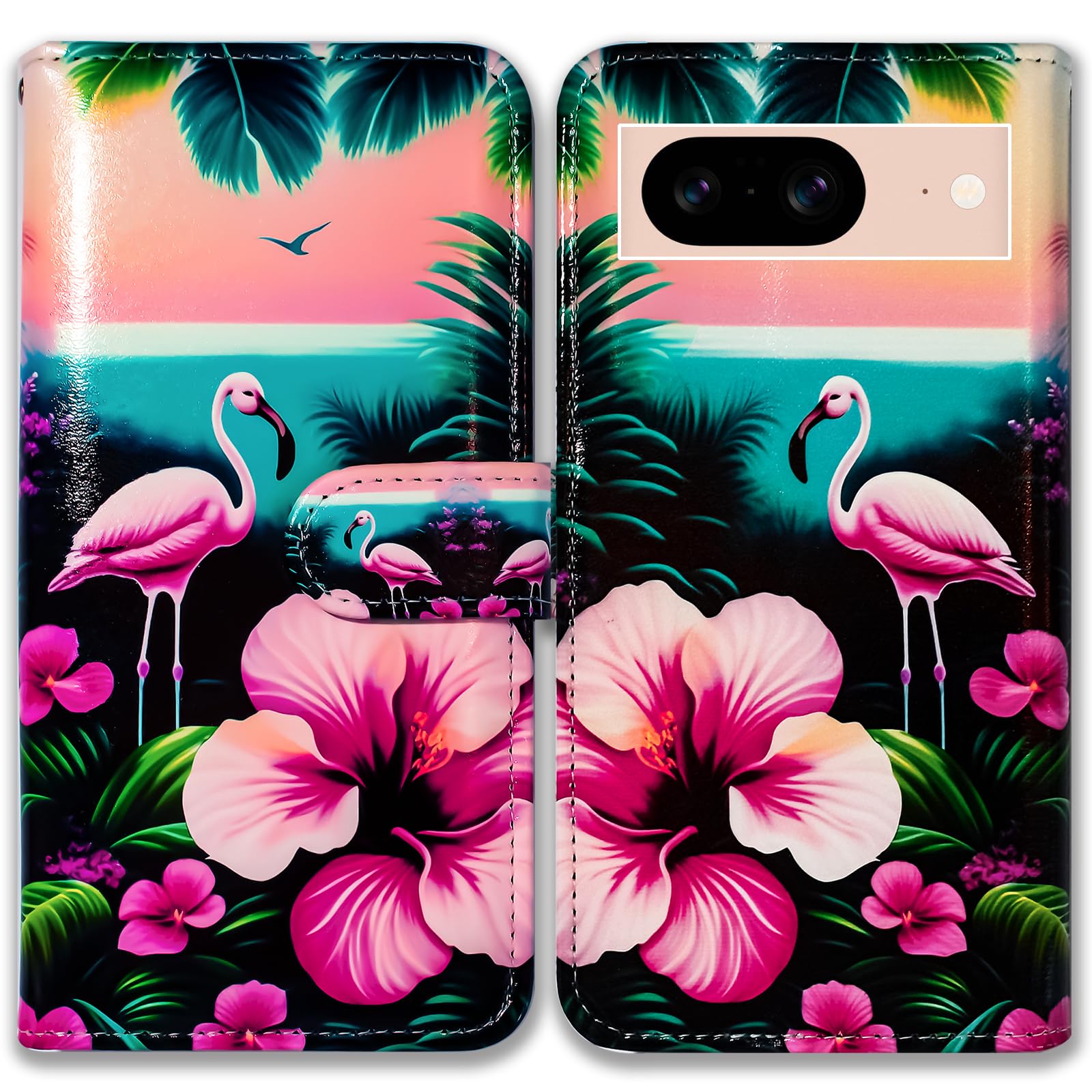 Bcov Pixel 8 Case,Pink Flamingo Flowers Bird Leather Flip Phone Case Wallet Cover with Card Slot Holder Kickstand For Google Pixel 8