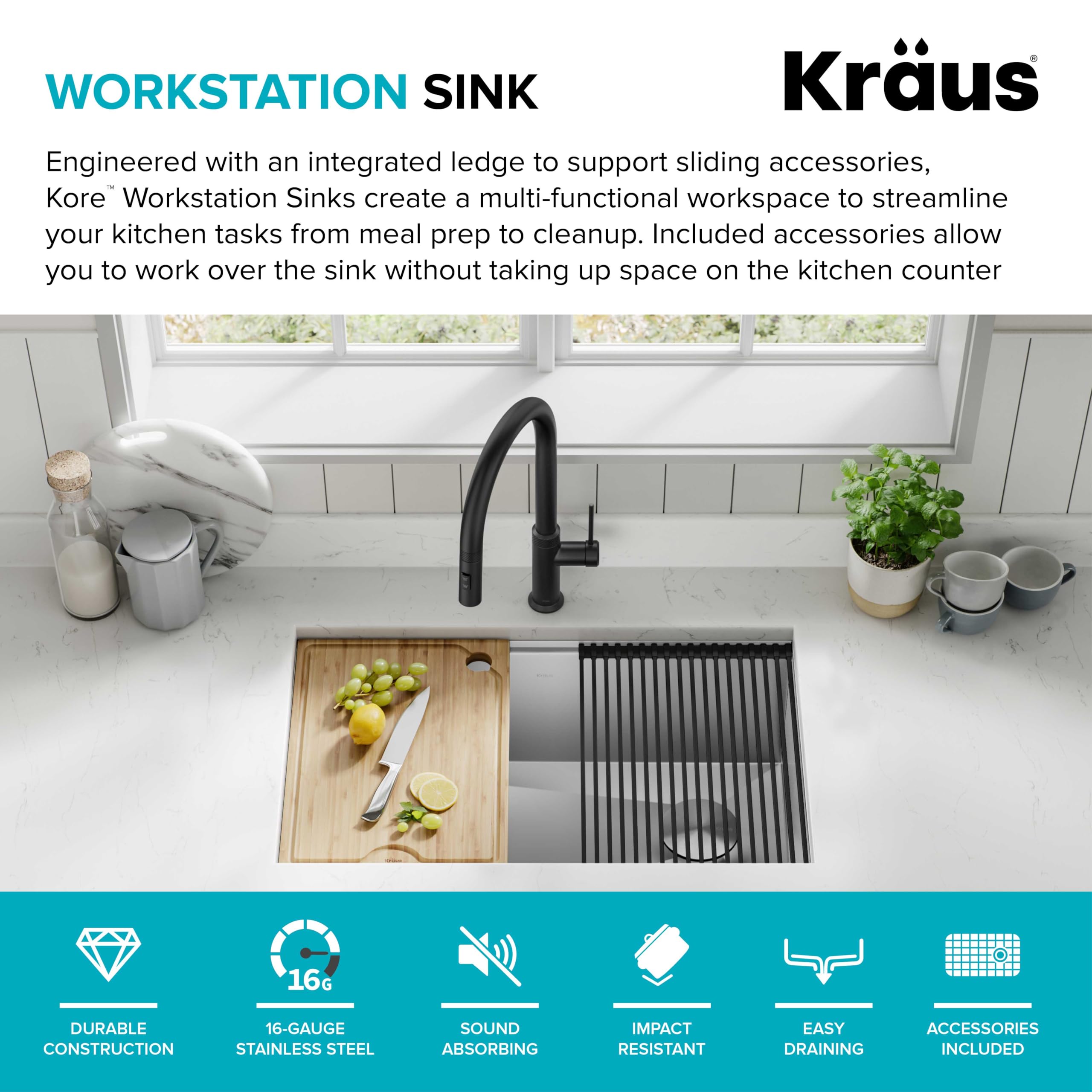KRAUS Kore Workstation 30-inch Undermount 16 Gauge Stainless Steel Kitchen Sink, Single Bowl Kitchen Sink with Accessories, KWU110-30