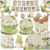 Winnie Pooh First 1st Birthday Decorations 192Pcs Vintage Pooh Bear Plates Cups Napkins Balloons Banner Tablecloth Swirls Cupcake Toppers for First Birthday Girls Boys, 25 Guests