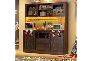 CHARTUSTRIABLE 74" Tall 63" Wide Large Coffee Bar Cabinet w/Outlet,6000-color LED Light,Pegboard,Farmhouse Hutch Cabinet w/Barn Door,2 Big Drawers,Adjustable Shelves,10 Wine & Glasses Rack,5 Hook for Kitchen,Brown