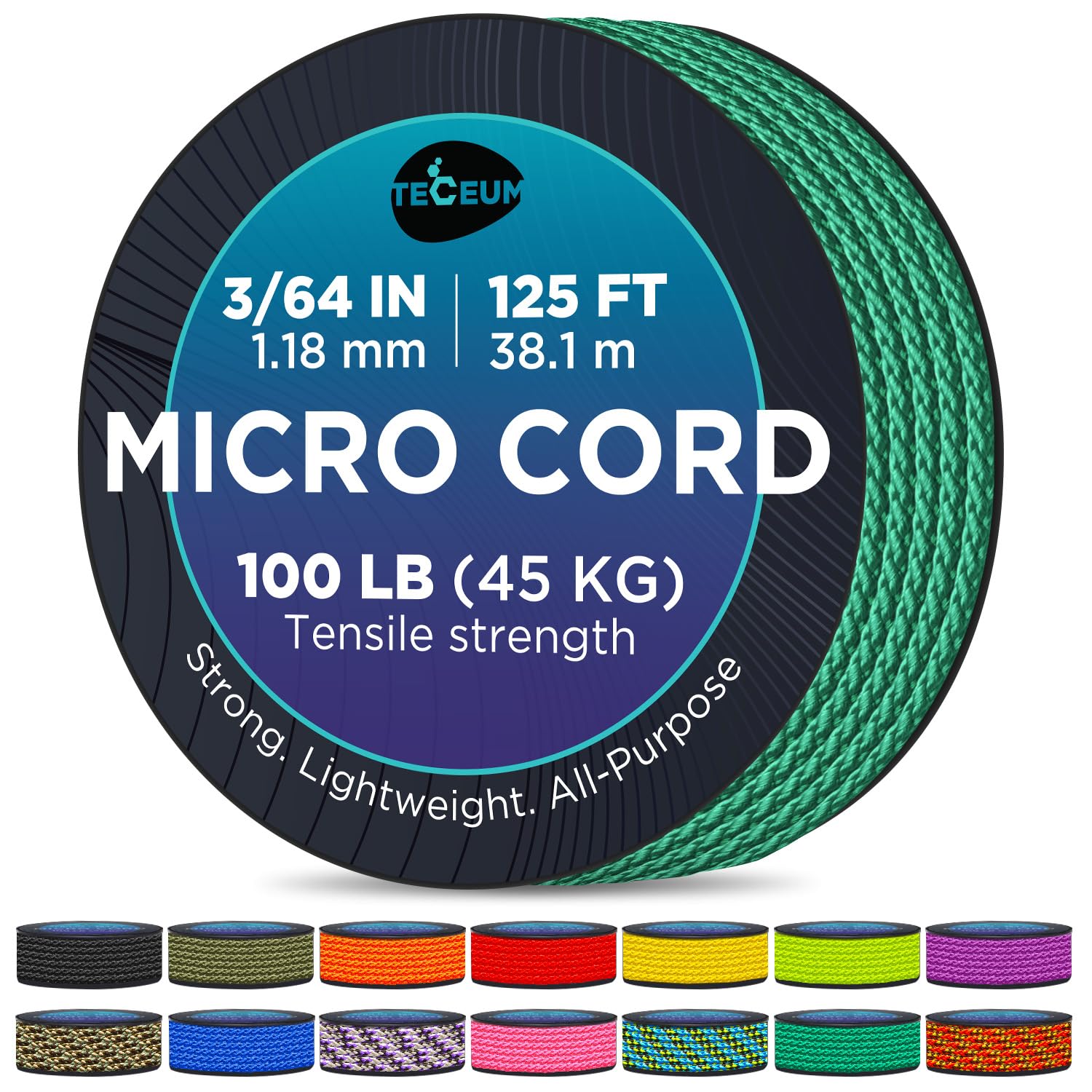 Photo 1 of TECEUM Micro Paracord – Green – 1.18 mm x 125 ft – Micro Utility Cord – Thin Braided Paracord Rope Nylon Polyester – Wind Chime Replacement – Survival Strong String 025c