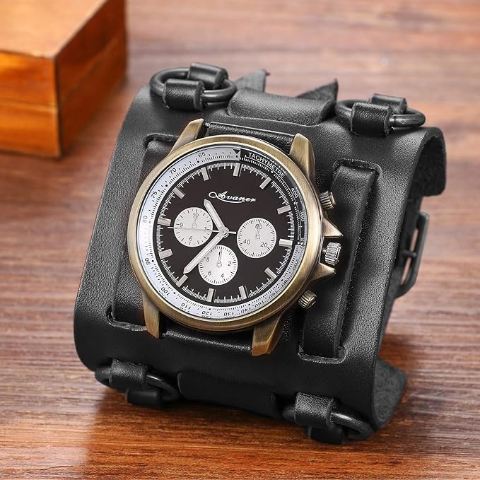 Avaner Reloj de Pulsera Grande Hip Hop para Hombre, Reloj de Cuero Correa Ancha de Estilo Piloto, Marron Bronce Reloj Original Regalo para Hombres