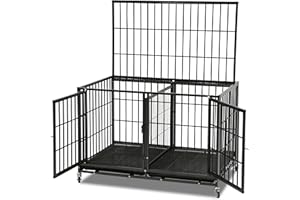 Homey Pet 43” Extra Strong Heavy Duty Cage Crate Kennel with Lockable Wheels, Stackable and Indestructible, Sturdy Locks Design, Feeding Door, Casters and Removable Tray