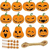 JULBEAR 60Pcs 12 Styles Halloween Pumpkin Cutouts Gift Tags Paper Wrapping Hanging Treat Ornaments Labels with String for Halloween Candy Bags Classroom Bulletin Board Decorations (Style A)