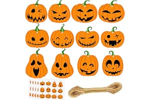 JULBEAR 60Pcs 12 Styles Halloween Pumpkin Cutouts Gift Tags Paper Wrapping Hanging Treat Ornaments Labels with String for Halloween Candy Bags Classroom Bulletin Board Decorations (Style A)