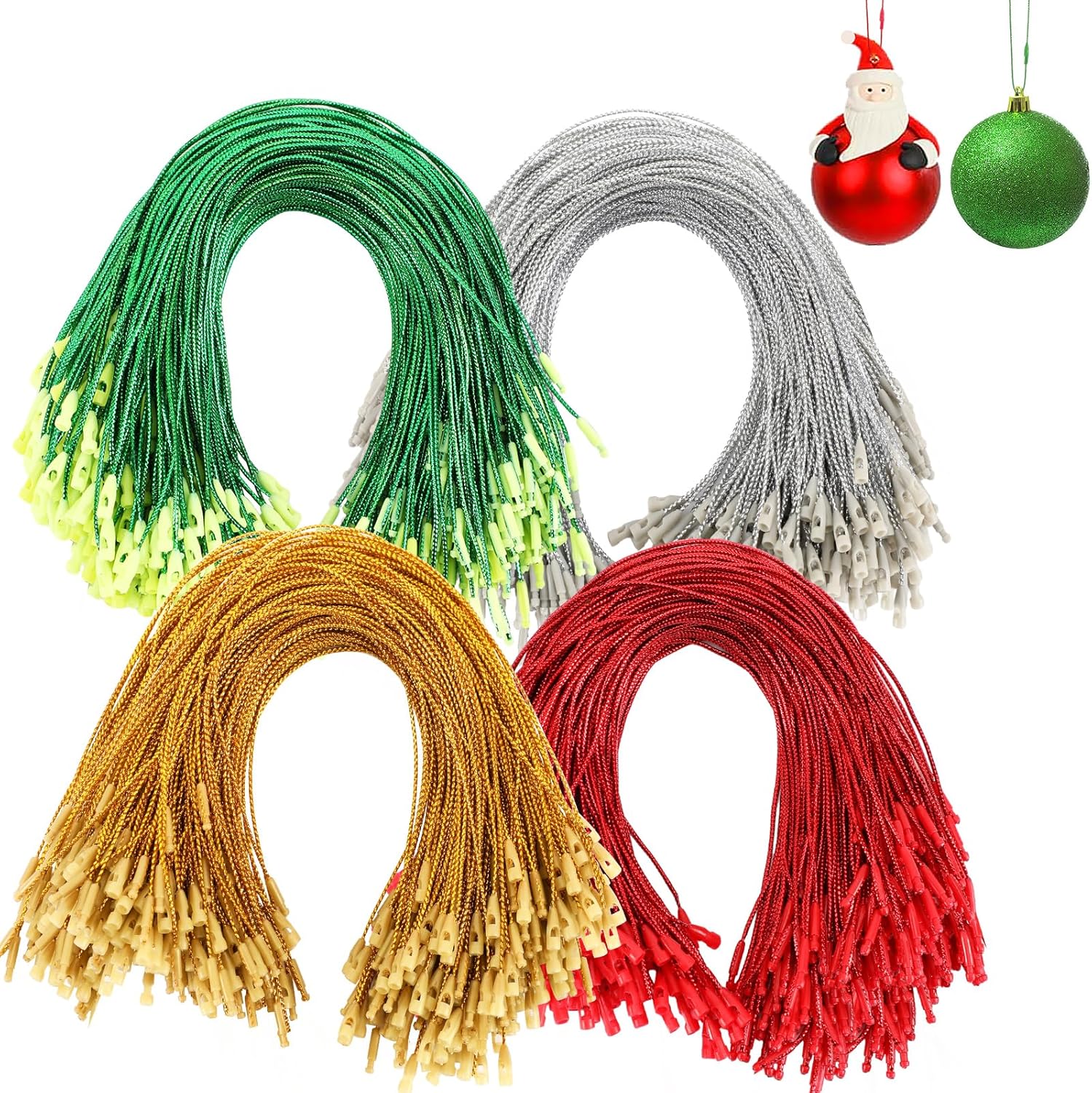 Ornament Hooks - JUNEBRUSHS 600Pcs Christmas Ornament Hooks, Ornament Hangers with Snap Ornament String for Christmas Tree Holiday Party Hanging Decorations Ropes Easy and Fast Locking (Gold Silver Red Green)