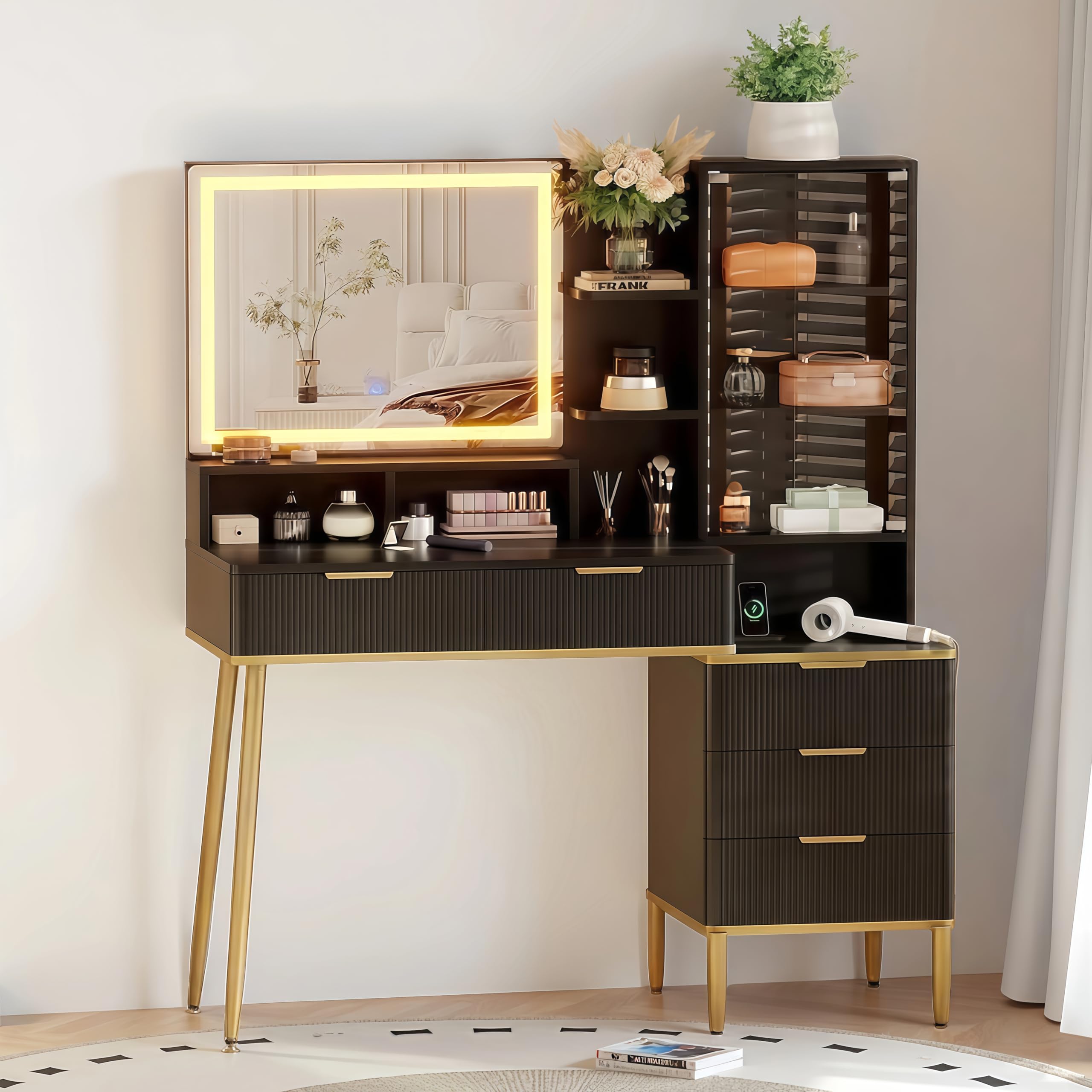 Photo 1 of ** VERY USED** NO RETURNS ** FINAL SALE** GlowSol Fluted Vanity Desk with Mirror and Lights, Makeup Vanity Desk with HD Mirror, 3 Color Adjustable Lighting, Power Outlet, 5 Drawers & Multi Shelves, Black Dressing Table for Bedroom