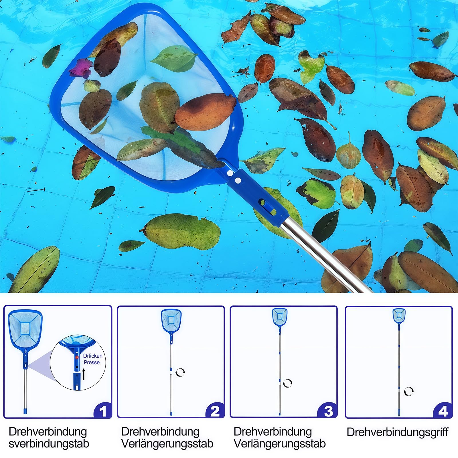 185 cm Pool Kescher, Poolkescher Fein mit Teleskopstange, Poolreinigung Pool Kescher Feinmaschig, Teichkescher für Schwimmbad, Teich, Algen & Bestway Pool, Aufstellpool, Planschbecken, Whirlpool 5