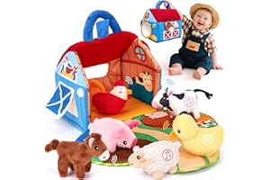hahaland Baby Toys 6-12 Months - Surprise Barn with Stuffed Farm Animals with Real Sounds & Word Repeats, Mirror- Sensory Toy