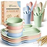 Hlukana 24 Pcs Wheat Straw Dinnerware Cutlery Set, Unbreakable Tableware Set, Including Kids Toddlers Divided Plates, Bowls, Cup, Cutlery Spoons Knifes Forks, BPA Free, Microwave Dishwasher Safe