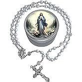 8mm Glass Pearl Rosary - Catholic Necklace for Men and Women Comes in a Metal Gift Box, First Communion Rosary Necklace as Gifts