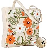 Miss Adola Embroidery Canvas Tote Bag for Women - Reusable Totes with Pocket & Buckle Aesthetic Cute Grocery Shoulder Bag