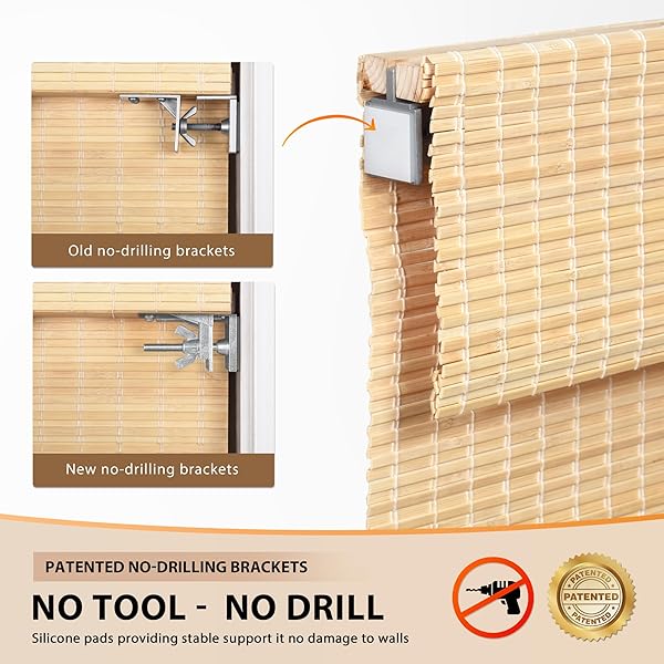 LAZBLINDS NO TOOLS NO DRILL CORDLESS BAMBOO ROMAN SHADES, PRIVACY WINDOW TREATMENT, ROLL UP BAMBOO BLINDS FOR WINDOWS 27” W X 64” H, NATURAL