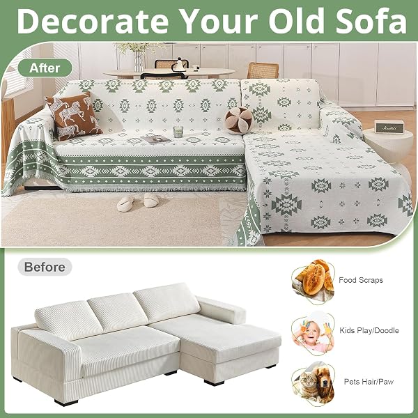 ROYHOM SECTIONAL COUCH COVERS 2 PIECES, L SHAPED COUCH COVER BLANKET, CHENILLE SOFA COVERS WASHABLE, REVERSIBLE SOFA SLIPCOVER WITH TASSEL, SUITABLE FOR ALL SEASONS (71″X118″+91″X134″, GREEN)