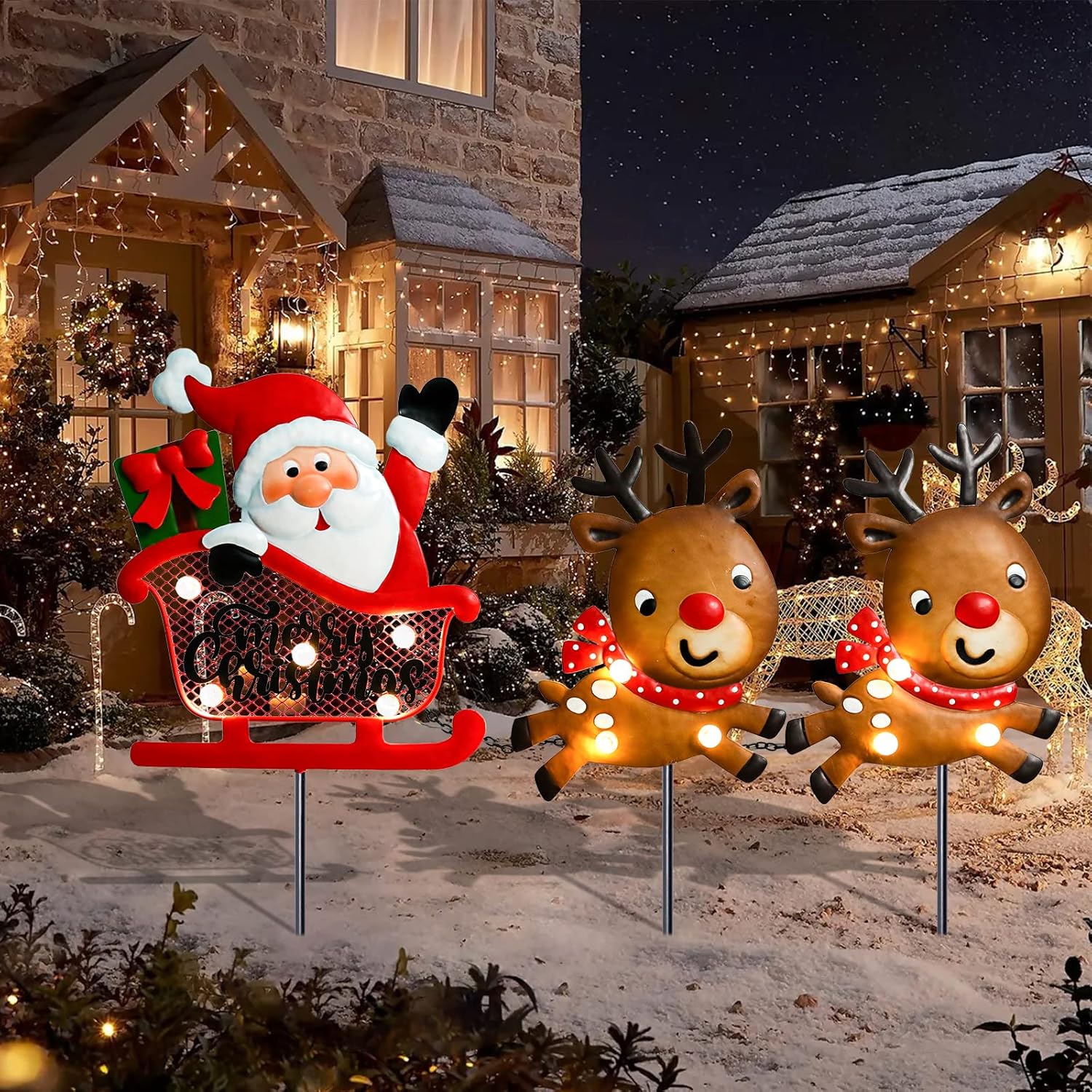 Decorative Garden Stakes - Afirst Christmas Decorations Outdoor Yard - Christmas Yard Stakes Santa Claus Reindeers Lighted Metal Yard Stakes Outdoor Christmas Stake Lawn Pathway Outdoor Decoration