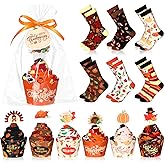 Foaincore 6 Pairs Thanksgiving Gift with Cupcakes Thanksgiving Pumpkin Socks Novelty Fuzzy Socks for Women Autumn Fall Theme Party Supplies