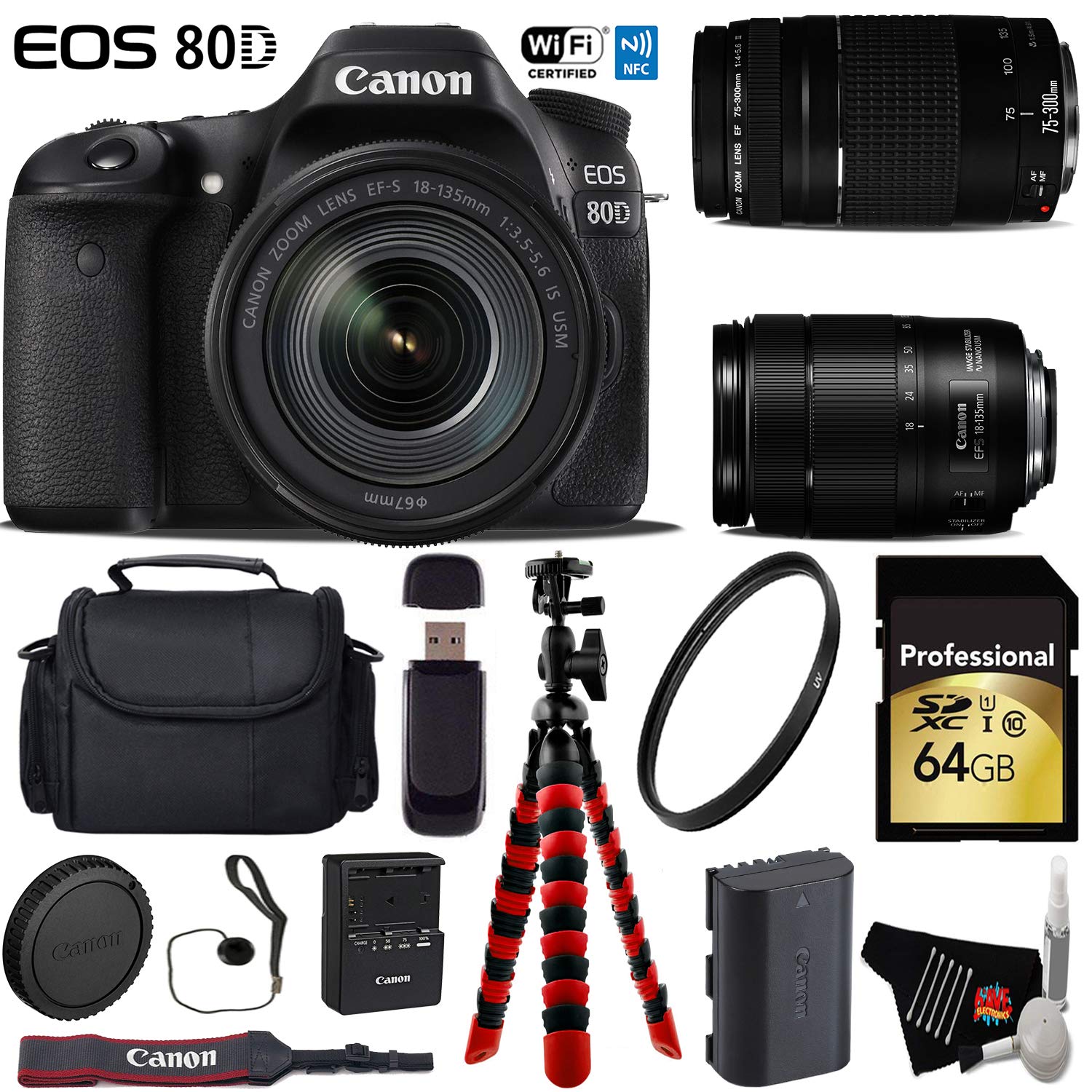 Canon EOS 80D DSLR Camera with 18-135mm is STM Lens & 75-300mm III