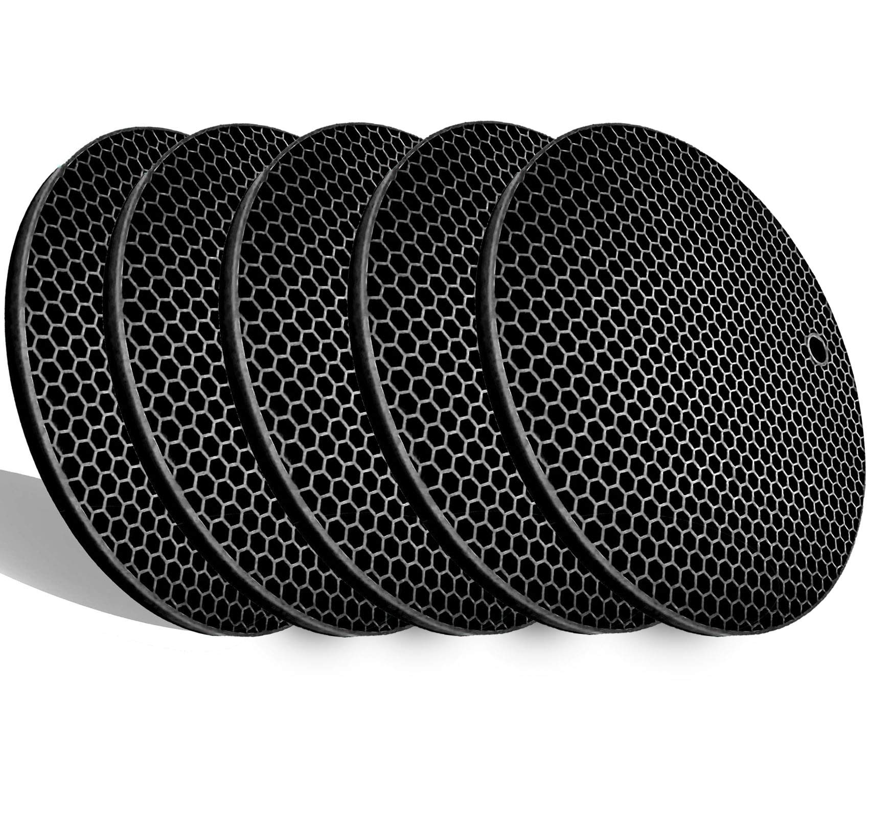 LogHog 5 Pcs Extra Thick Silicone Pot Coaster Trivet Mats,Heatproof Pot Holder/Hot Pads,Non Slip Durable Flexible Table Mats Round Honeycomb Multipurpose Kitchen Heat Resistant Mat (Black)