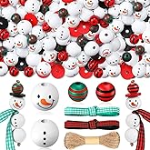 Yulejo 180 Piece Christmas Snowman Wooden Bead Winter Wooden Bead Christmas Buffalo Plaid Wood Round Bead Christmas Print Wooden Beads with DIY Twine Scarf Wooden Beads for Crafts (Joy Pattern)