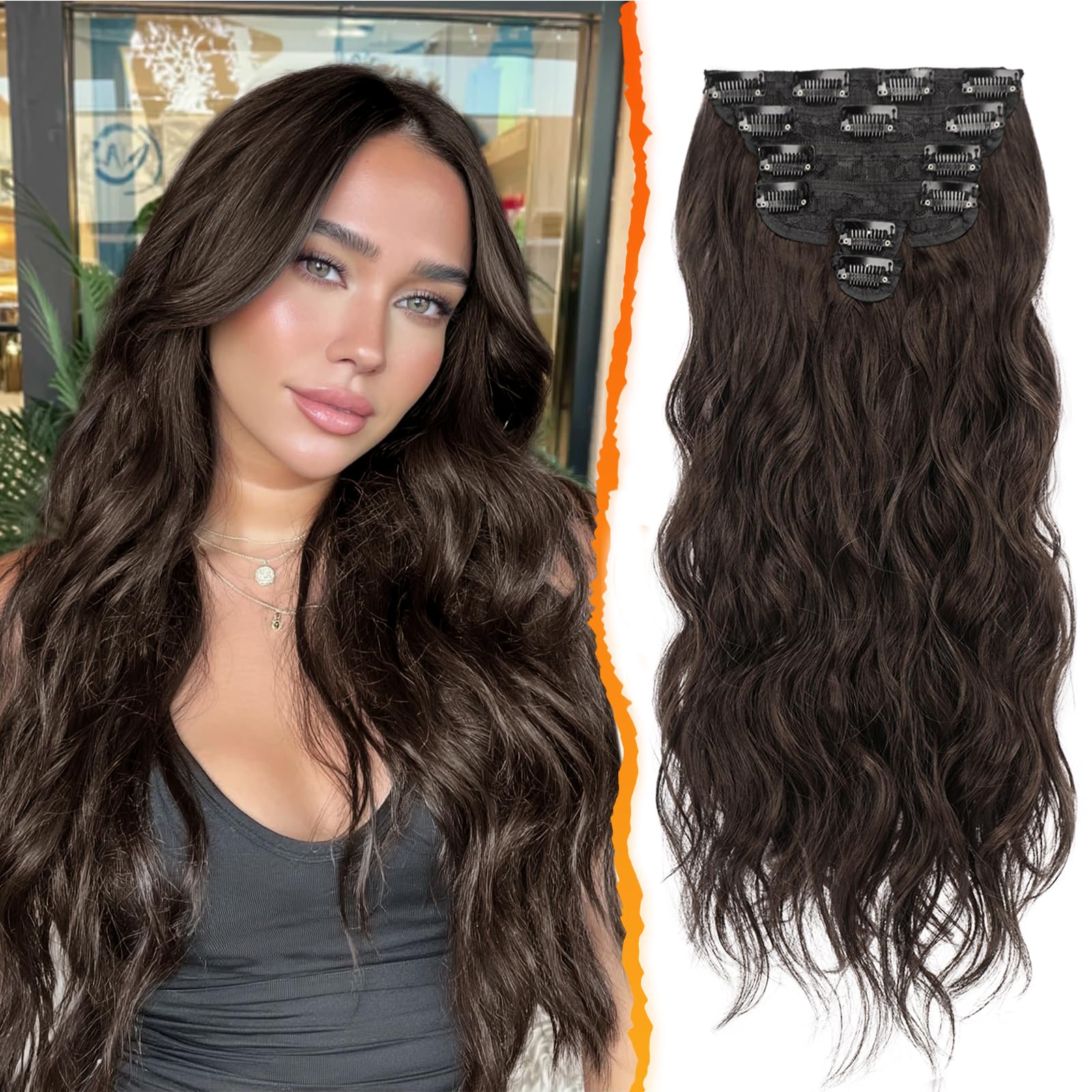 BARSDAR Clip in Hair Extensions for Women, 20 Inch Long Wavy Brown Hair Extensions Clip in 6PCs Full Head Thick Soft Synthetic Clip in Hairpieces Daily Party Halloween- Dark Brown