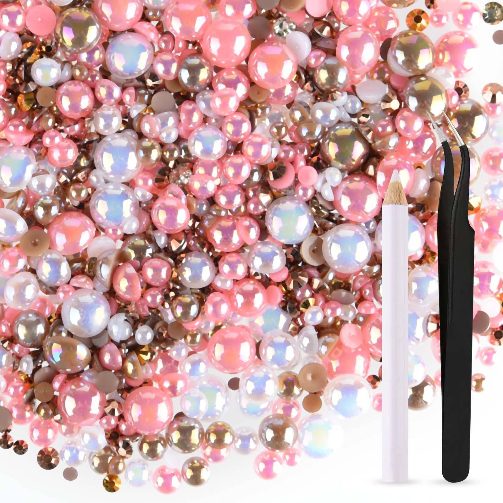 ASTARON 50g Mix Flatback Rhinestones Half Pearls for Crafts Mixed Size 3mm-10mm Flat Back Rhinestones for Crafts Flatback Pearls for Decorating Tumblers Mugs Nail Art Shoes (Pink Brown Series)