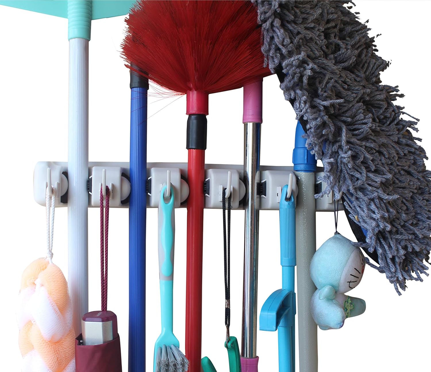 YOi Plastic mop holder and broom holder with 5 Slot Position and 6 Hooks Upto 11 Tools (Ivory