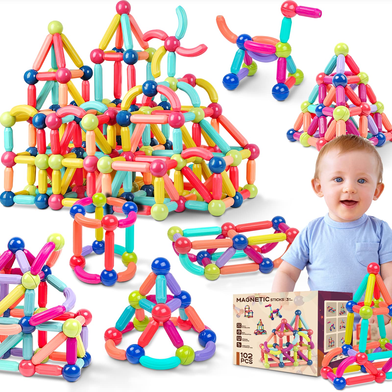 102 Pcs Building Blocks Toys, Magnetic Toys Building Sets, Magnets for Kids Toddlers Sensory Montessori Toys Age 3+, SETM Toy Preschool Learning Education Toy, Gifts for Girls Boys 3 4 5 6 Year Old