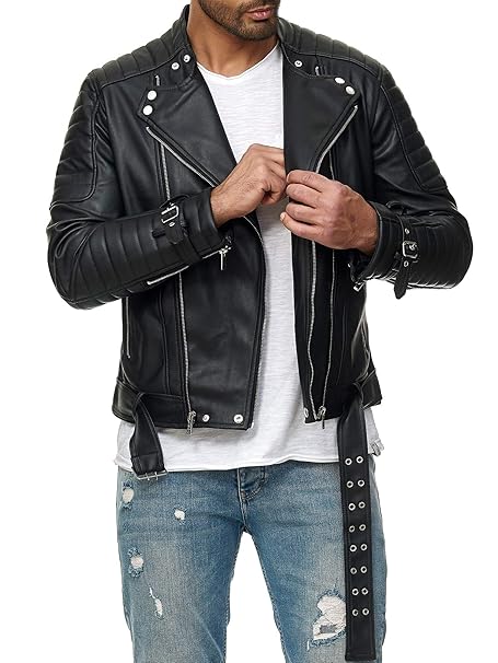 Red Bridge Herren Jacke Bikerjacke Kunst- Lederjacke Classic Biker Vintage Cut mit Gürtel M6072