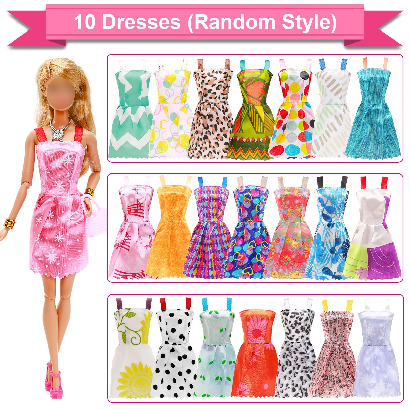 BARWA 53 pcs Doll Clothes and Accessories 10 pcs Party Dresses with 42 pcs Shoes, Crown, Necklace, Hangers, Bags, Accessories for 11.5 inch Doll