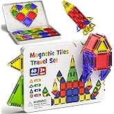 Mini Magnetic Tiles for Kids Travel - 40pcs STEM Building Blocks with Visual Storage Guide & Metal Box Play Base, Toddler Airplane Activities Toys for Ages 3-5,4-8, Compact Travel Toys