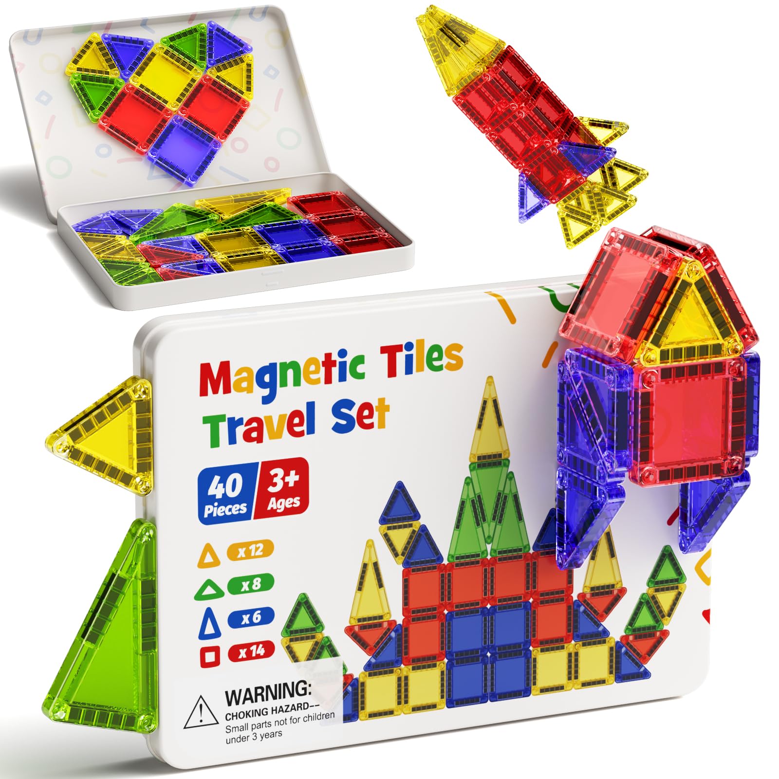 Magnetic Tiles Construction Set 42pcs Travel Toys for Kids Portable MINI Magnet Building Blocks Toy On-The-Go Fun Magnet STEM Montessori Toy Gift for 3+ Years Toddlers (40pcs Magnetic Tiles)
