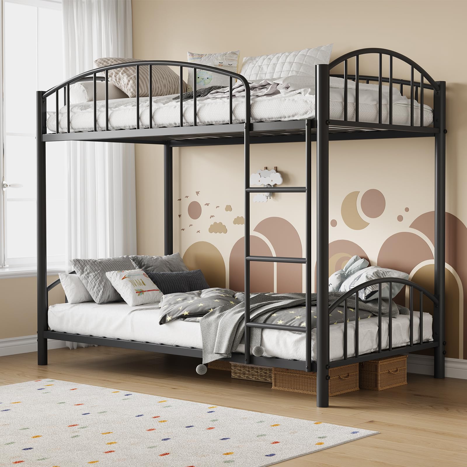 Photo 1 of Garvee Bunk Bed Twin Over Twin with Ladder and Arched Guardrail, Heavy Duty Bunkbeds Frame with Sturdy Steel Slats Support for Kids Boys Girls, Space-Saving, No Box Spring Needed, Black