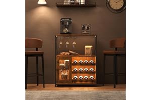 Joankaren Wine Bar Cabinet with LED Light & Adjustable Shelves, Coffee Bar Cabinet with Wine Rack and Glass Holder, Kitchen S